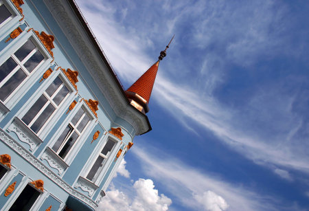 Blue building with small tower の写真素材