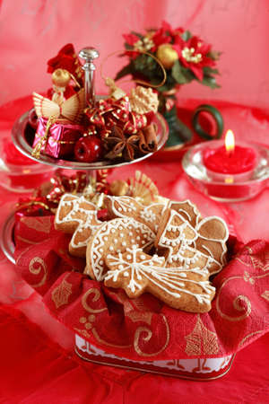 Festive tabletop or table decoration for Christmas time in red toneの写真素材