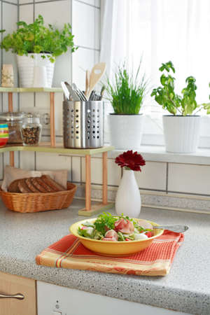 Kitchen interior with small shelf with pot-herb and kitchen implementsの写真素材