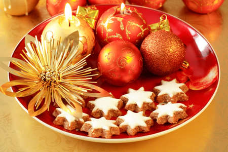 Christmas still life in golden toneの写真素材