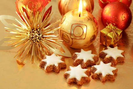 Christmas still life in golden toneの写真素材