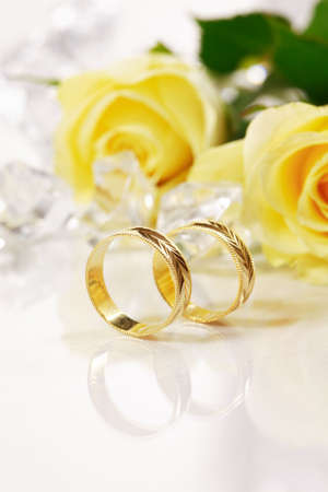 Wedding still life with beautiful golden ringsの写真素材