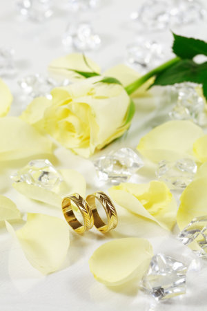 Wedding still life with beautiful golden ringsの写真素材