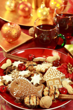 Christmas still life with hot drink and cookiesの写真素材