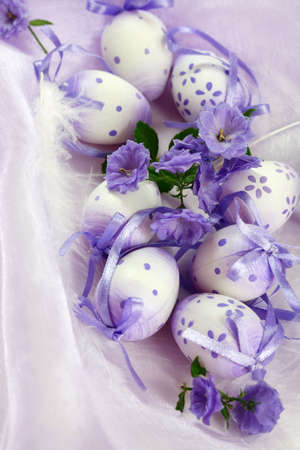 Beautiful Easter eggs as table decorationの写真素材