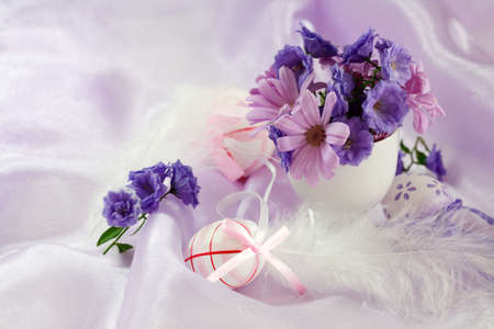 Beautiful Easter eggs as table decorationの写真素材