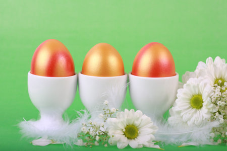 Photo of Easter eggs and flowers on green background