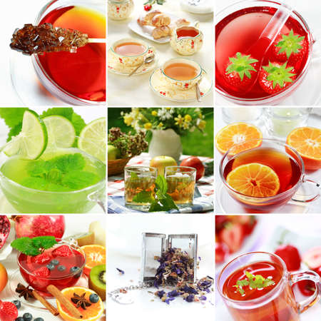 Collage of natural herbal tea with fruitsの写真素材
