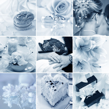 Beautiful collage of nine wedding motives in blue toneの写真素材