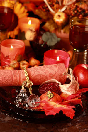 Table setting with autumn decoration for Thanksgivingの写真素材
