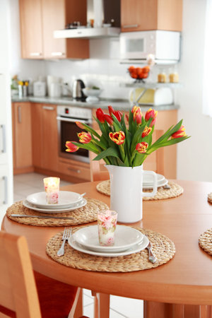 Kitchen and dining room interior in family house の写真素材