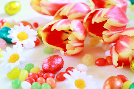 Easter eggs with tulips for spring table decoration
