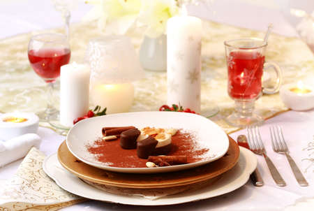 Christmas place setting - dessert with hot wine punchの写真素材