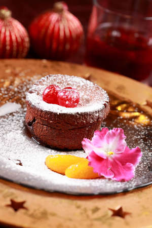 Chocolate Cup Cake for Christmas with caramelized fruitsの写真素材