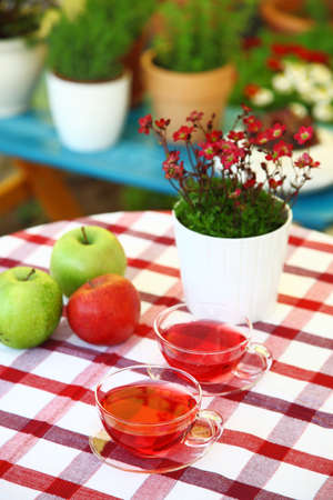 Two cups of tea served in the gardenの写真素材