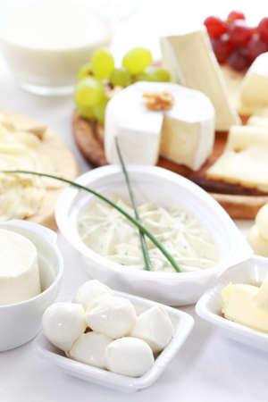 Arrangement of dairy products on a tableの写真素材