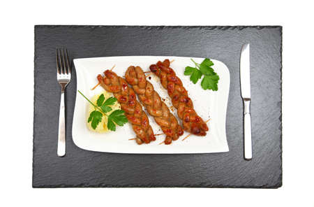 Bratwurst - fried sausage with mashed potatoes - top viewの写真素材