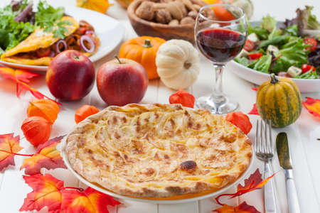 Apple pie or tart with red wine for Thanksgivingの写真素材