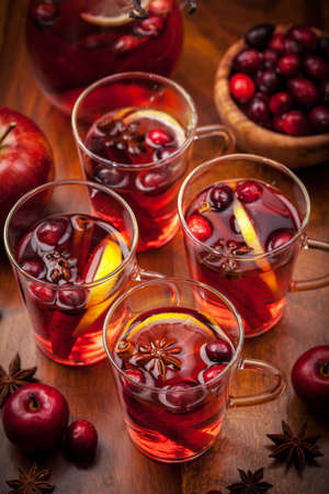 Glasses with hot punch for winter and Christmas with fruits and wineの写真素材