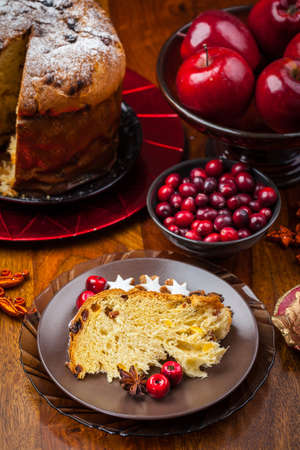 Slices of panettone - traditional Italian Christmas cakeの写真素材