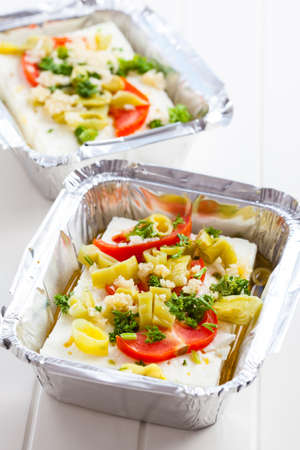 Feta cheese in baking pan for grillの写真素材