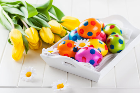 beautiful Easter still life with fresh tulips 