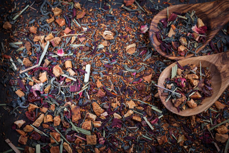 Dry tea on wooden table