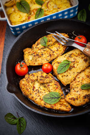 Marinated chicken breast with potato gratinの写真素材