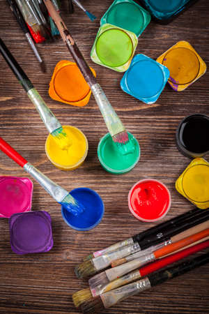 Different used brushes, colours and watercoloursの写真素材