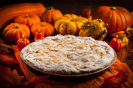 Apple pie for Thanksgiving with pumpkinsの写真素材
