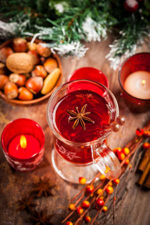 Hot wine punch with ingredients for winter and Christmasの写真素材