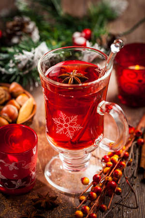 Hot wine punch with ingredients for winter and Christmasの写真素材