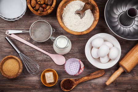 Baking utensils with ingredients for cake or cookiesの写真素材