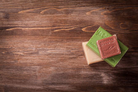 Handmade soap on wooden table with empty spaceの写真素材