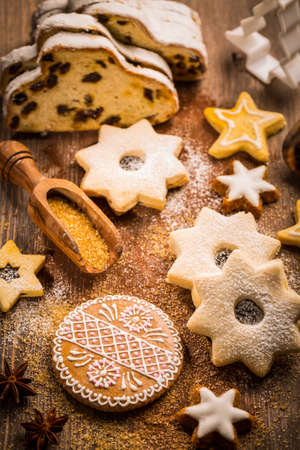 Variation of Christmas stollen with cookiesの写真素材