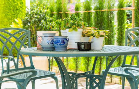 Outdoor patio with plants and potsの写真素材