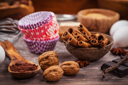 Assorted baking ingredients and kitchen utensil for cake or cookies