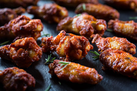 Hot and spicy chicken wings with spices on dark background