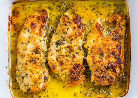 Chicken parmigiana - baked parmesan chicken, top view