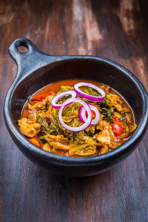 Delicious savoy cabbage stew or soup with chickenの写真素材