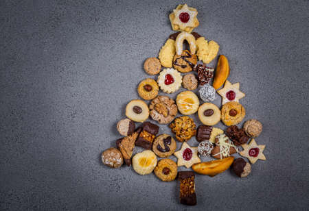 Christmas tree made from different cookies.の写真素材