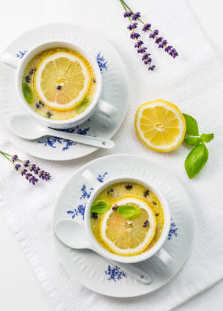 Avgolemono - delicious Greek chicken egg and lemon soup. Mediterranean sauce or soup.の写真素材