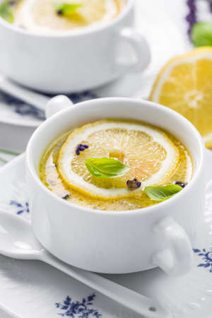 Avgolemono - delicious Greek chicken egg and lemon soup. Mediterranean sauce or soup.の写真素材