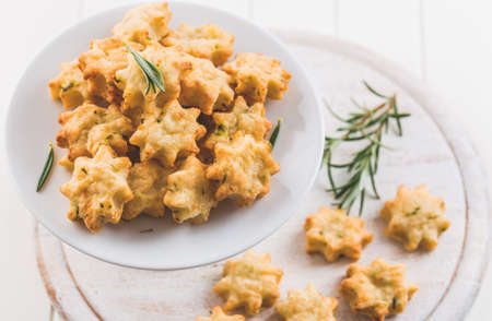 Parmesan cookies with rosemary. Salty cheese cookies. Healthy snack.の写真素材