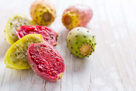 Prickly pear (Opuntia ficus-indica) on wooden background.の写真素材