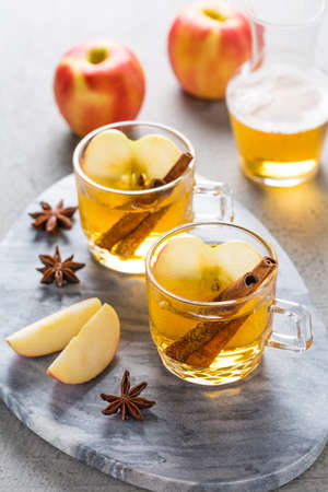 Apple cider cocktail with cinnamon and apple slices. Mulled apple wine for Christmas.の写真素材