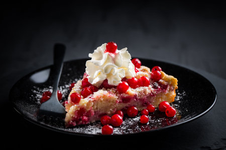 Homemade vegan red currant cake on black background