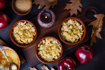 Small apple crambles or applie pies for autumn and winterの写真素材