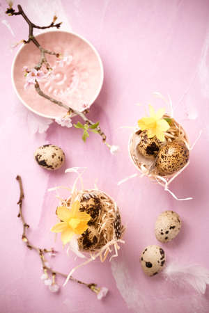Easter eggs on with cherry branch in pink tone. Easter decoration in vintage styleの写真素材