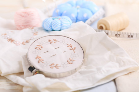 Canvas for embroidery in a round hoop, multi-colored thread mouline thread and other supplies for...